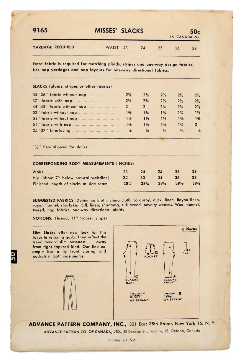 1950s Advance 9165 Vintage pants Sewing Pattern