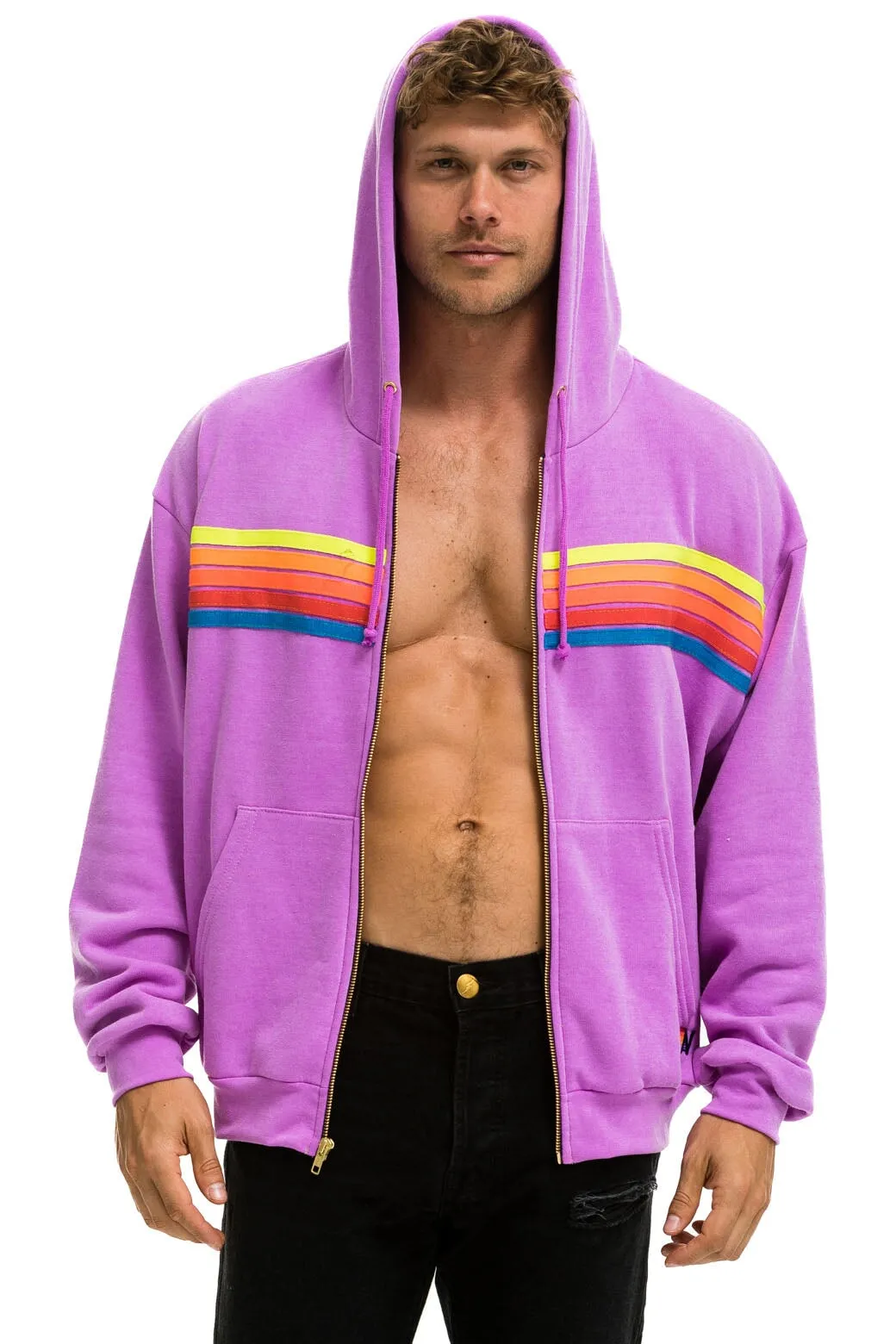 5 STRIPE RELAXED ZIP HOODIE - NEON PURPLE // NEON RAINBOW