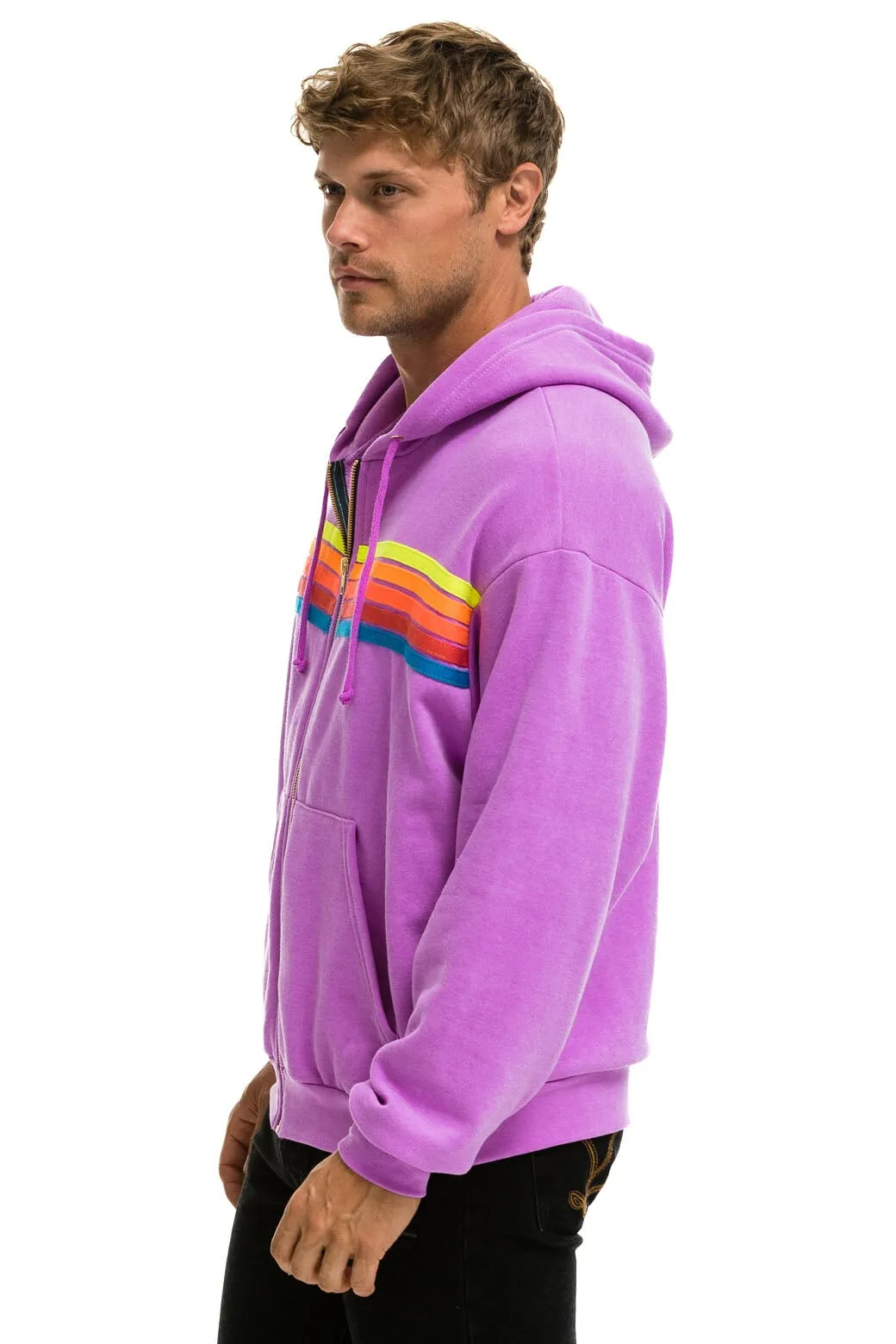 5 STRIPE RELAXED ZIP HOODIE - NEON PURPLE // NEON RAINBOW