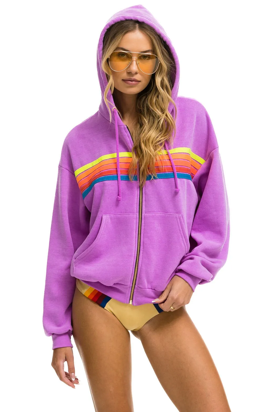 5 STRIPE RELAXED ZIP HOODIE - NEON PURPLE // NEON RAINBOW