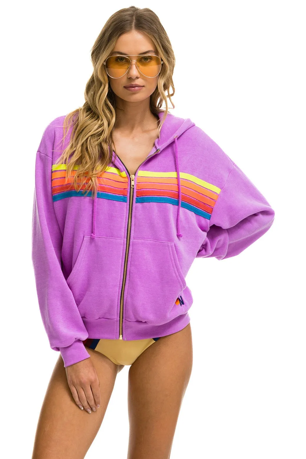 5 STRIPE RELAXED ZIP HOODIE - NEON PURPLE // NEON RAINBOW