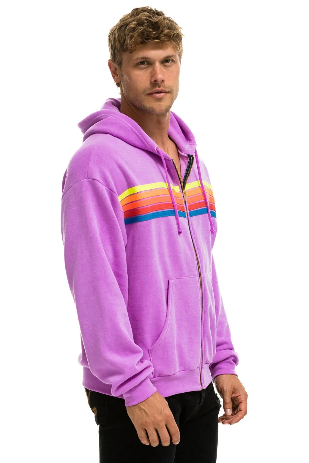 5 STRIPE RELAXED ZIP HOODIE - NEON PURPLE // NEON RAINBOW