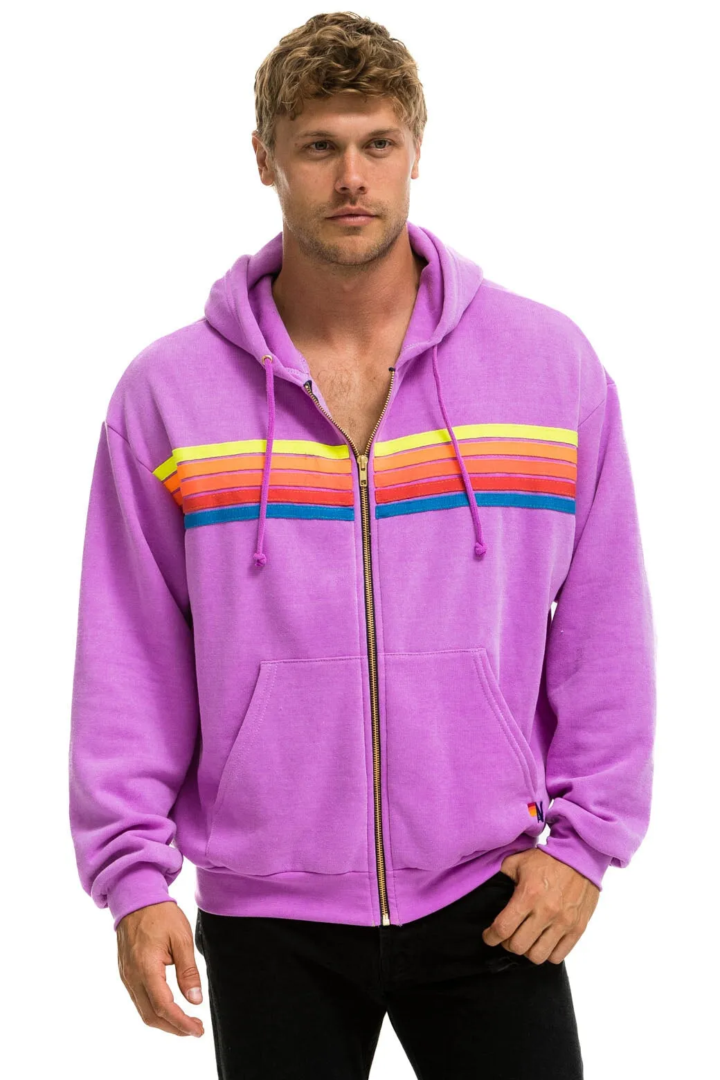 5 STRIPE RELAXED ZIP HOODIE - NEON PURPLE // NEON RAINBOW