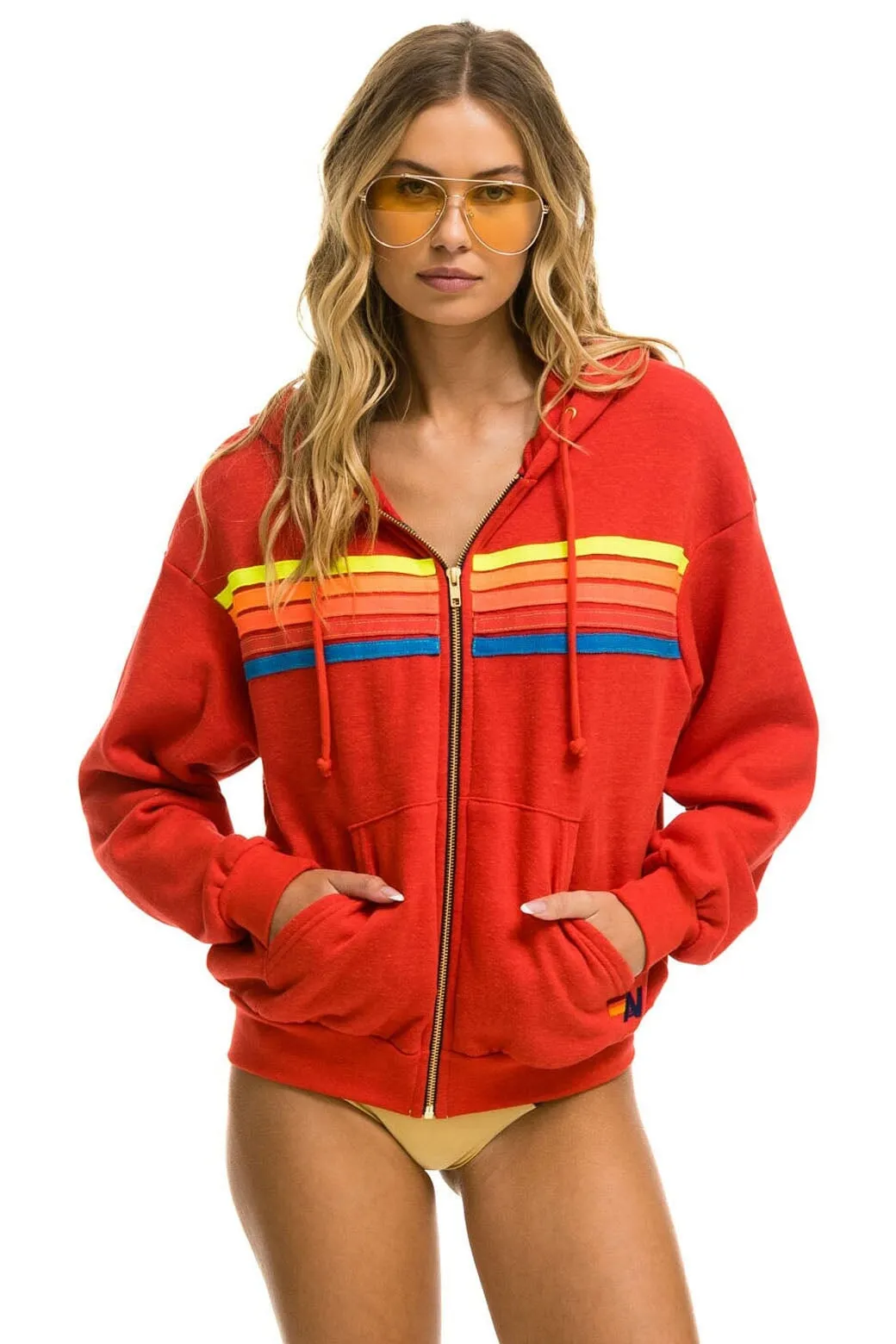 5 STRIPE RELAXED ZIP HOODIE - RED // NEON RAINBOW