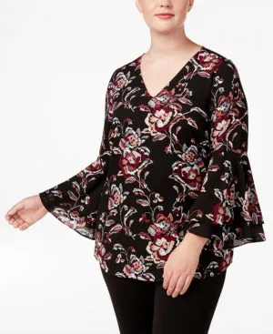 Alfani Plus Size Printed Bell-Sleeve Top Chic Etched Bloom 20W