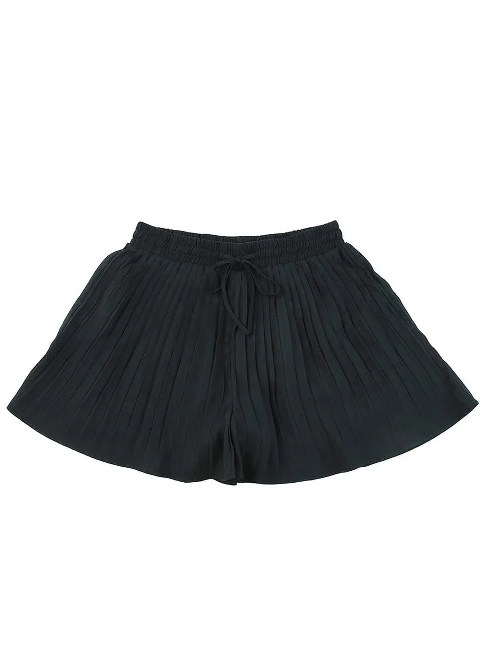 Black Flowy Pleated Shorts with Drawstring Waist