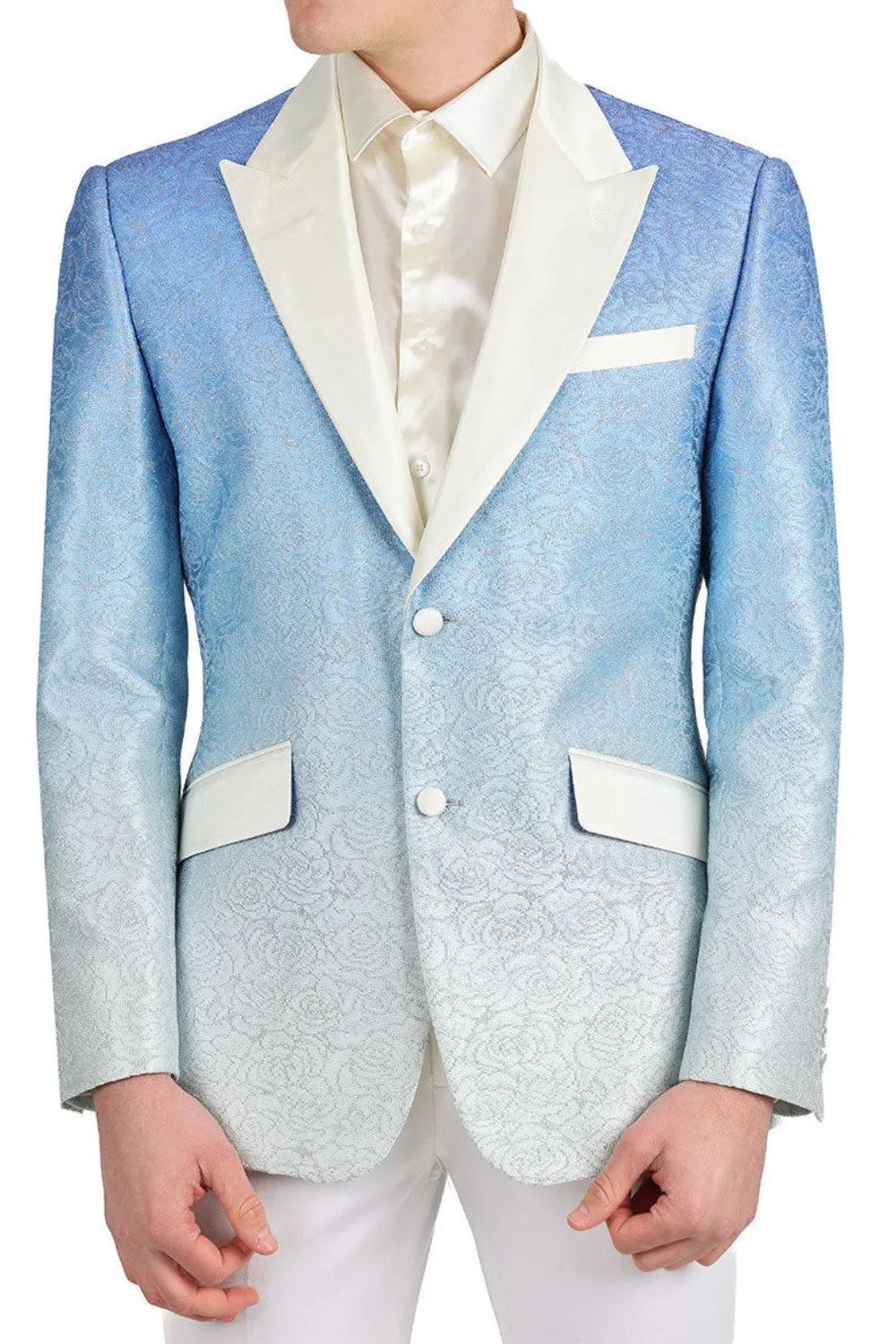 Blue Ivory Ombre with Silver Floral Fusion Dazzling Prom Blazer