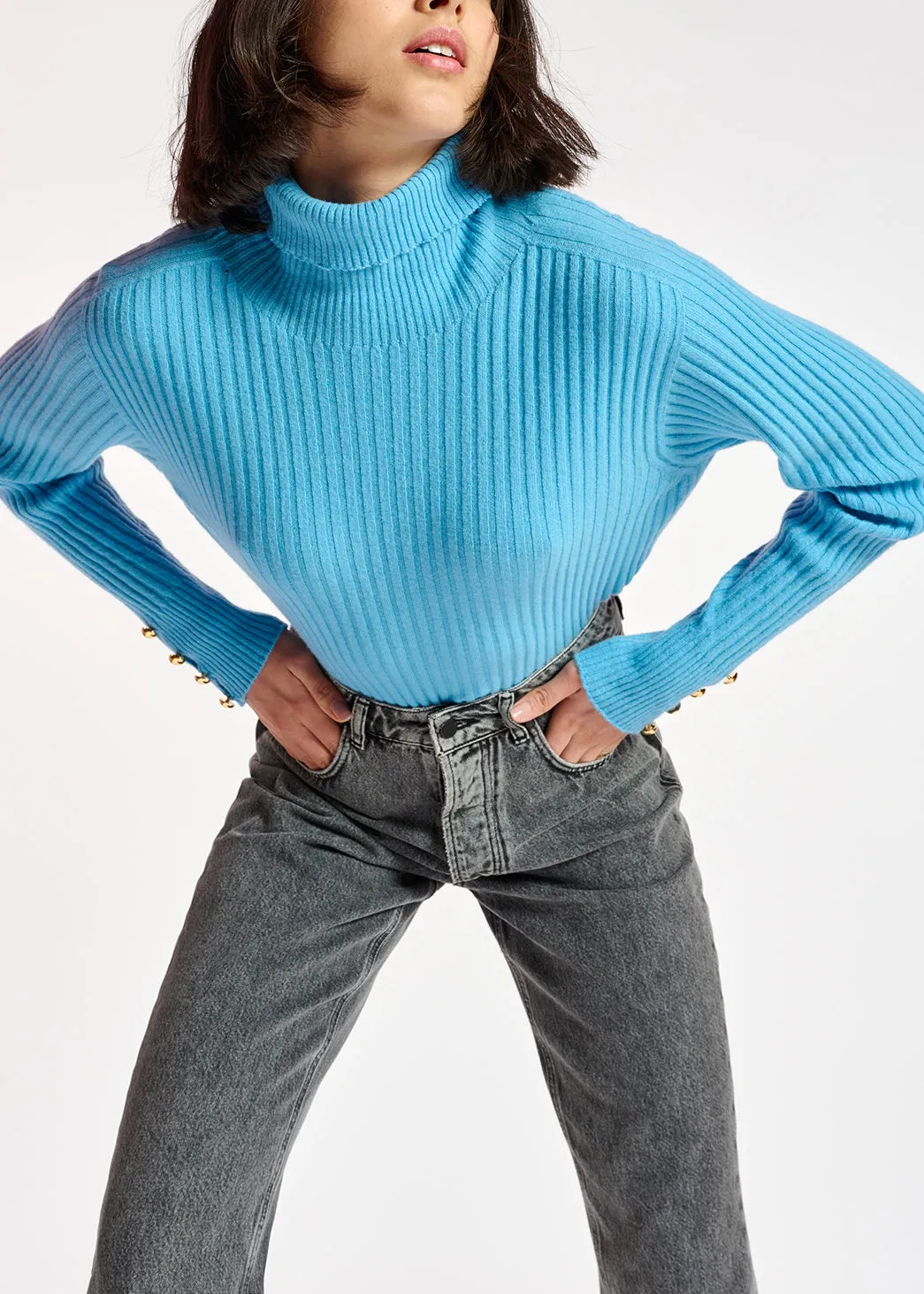 Blue rib-knitted turtleneck sweater