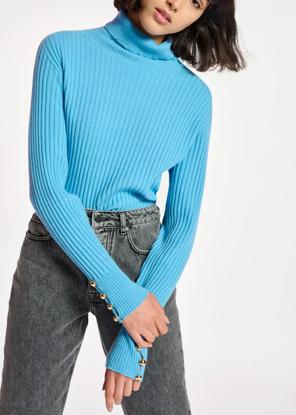 Blue rib-knitted turtleneck sweater