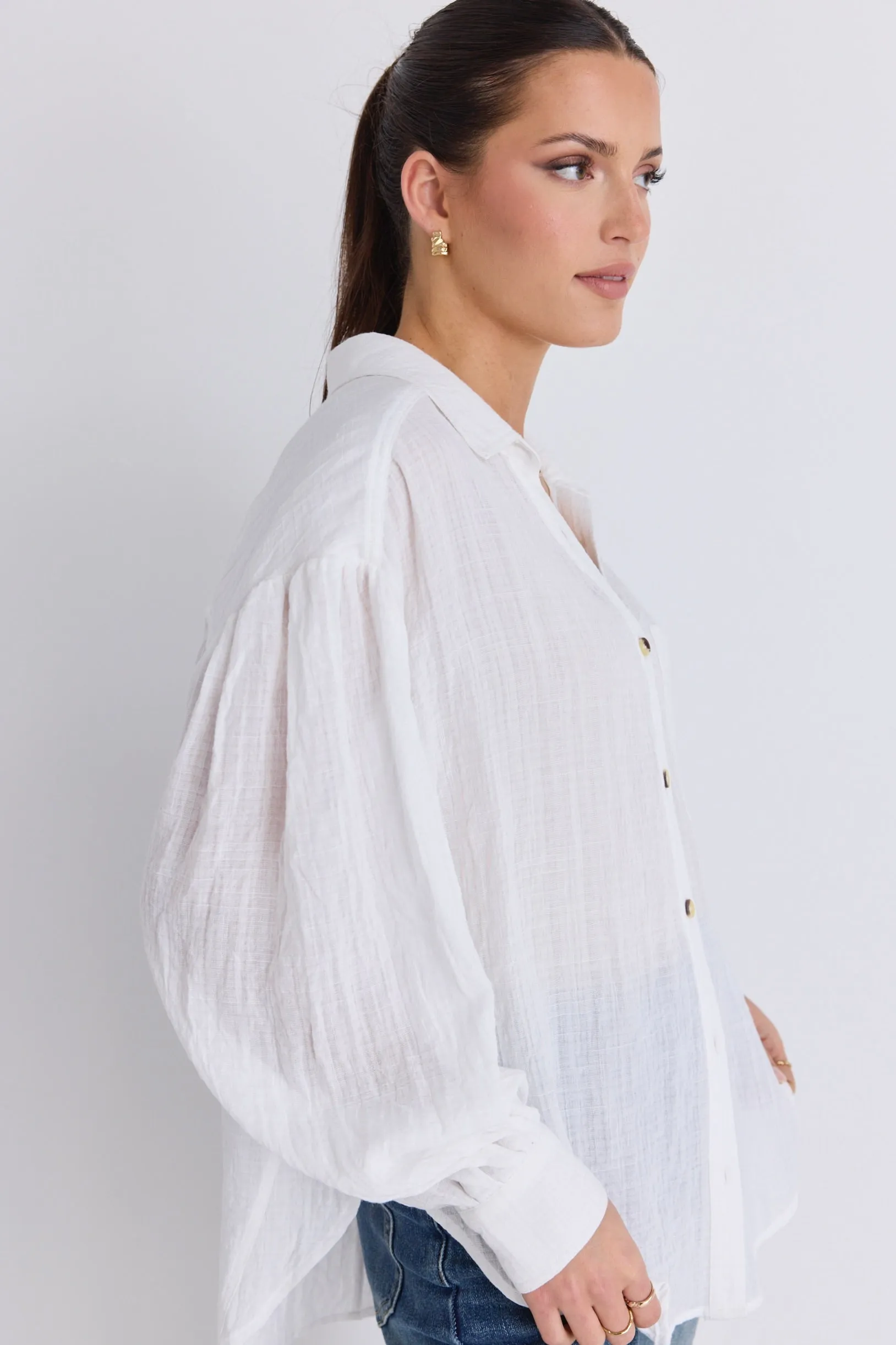 Breezy White Muslin Drop Shoulder Shirt