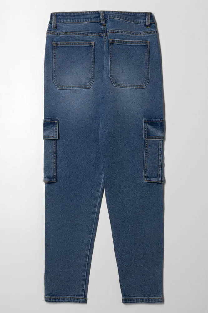 Cargo Straight Leg Denim Jeans Blue