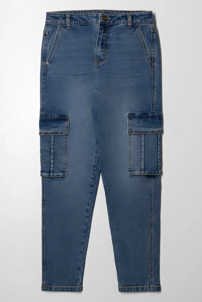 Cargo Straight Leg Denim Jeans Blue