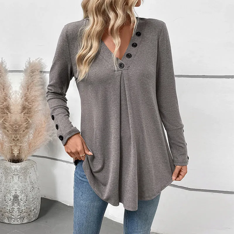 Casual Top Mid-Length V-Neck Solid Color Long Sleeve T-Shirt