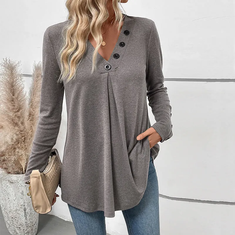 Casual Top Mid-Length V-Neck Solid Color Long Sleeve T-Shirt