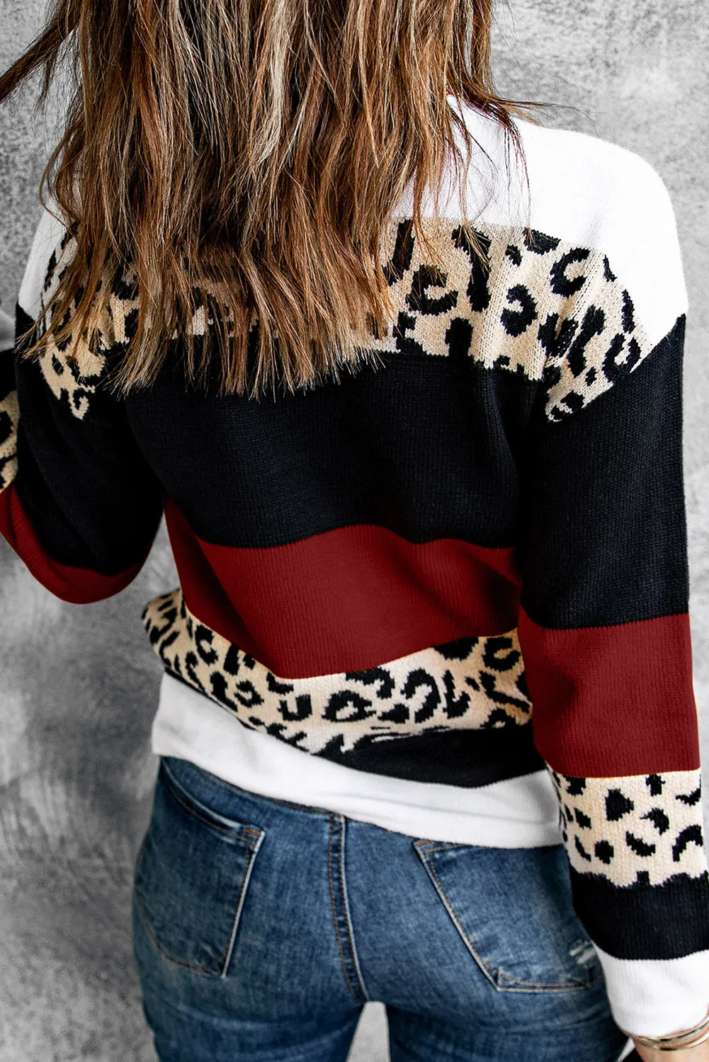 Crewneck Leopard Color Block Knit Pullover Sweater