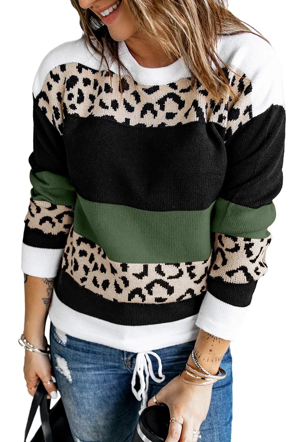 Crewneck Leopard Color Block Knit Pullover Sweater