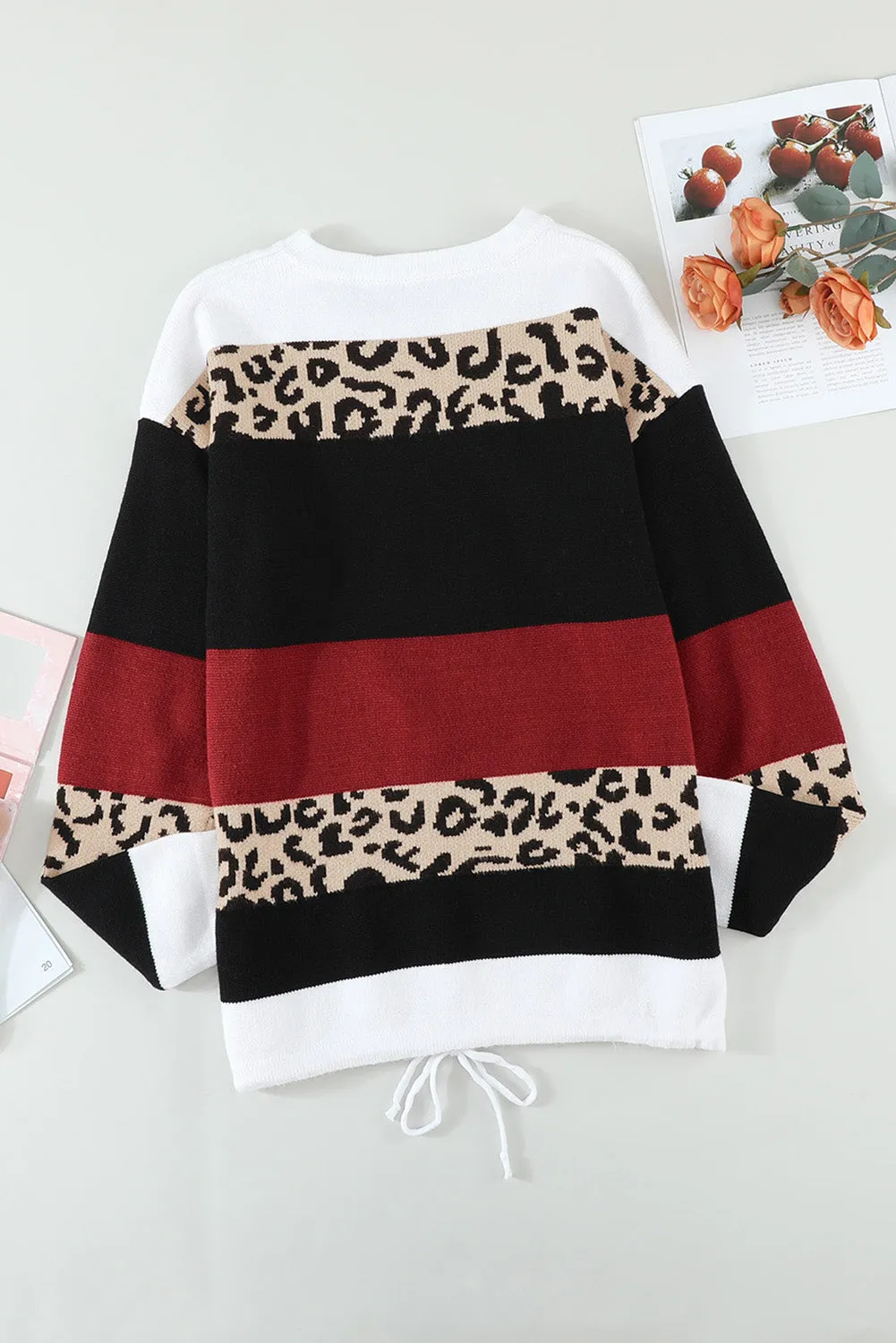 Crewneck Leopard Color Block Knit Pullover Sweater