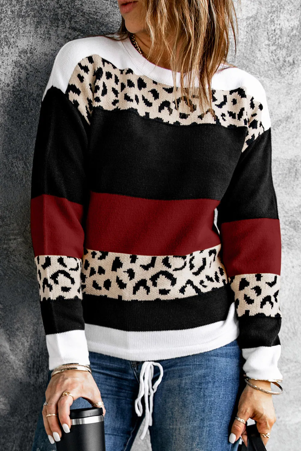 Crewneck Leopard Color Block Knit Pullover Sweater