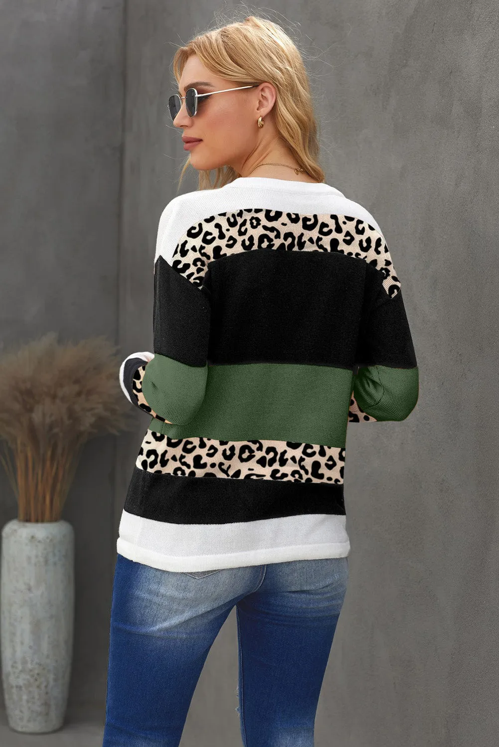 Crewneck Leopard Color Block Knit Pullover Sweater