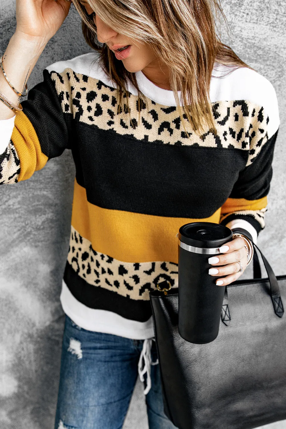 Crewneck Leopard Color Block Knit Pullover Sweater