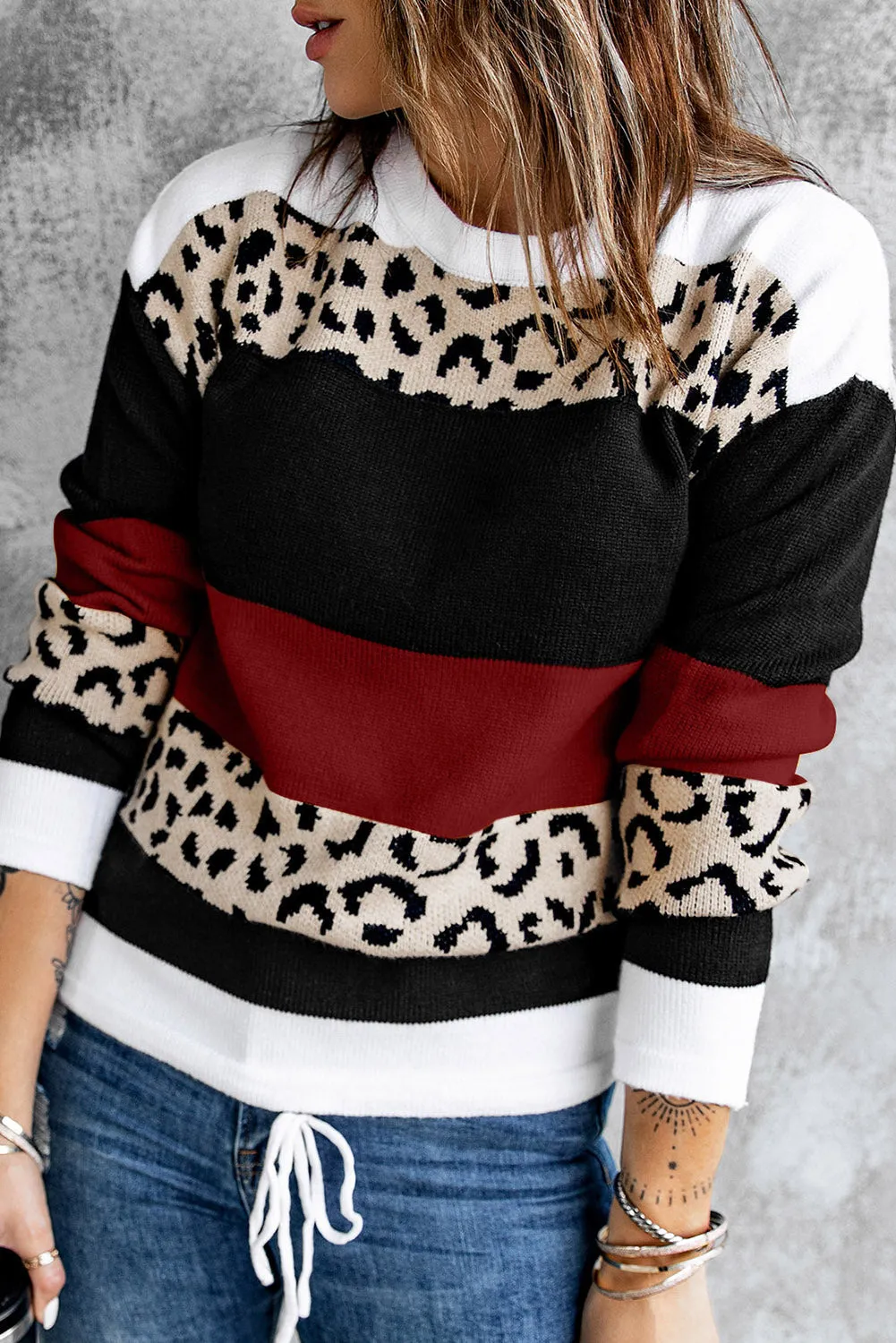 Crewneck Leopard Color Block Knit Pullover Sweater