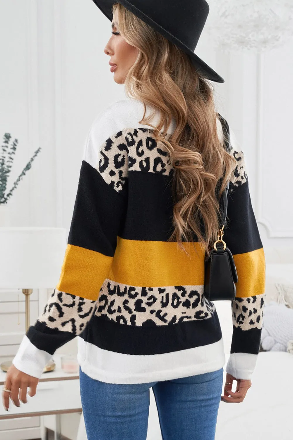 Crewneck Leopard Color Block Knit Pullover Sweater