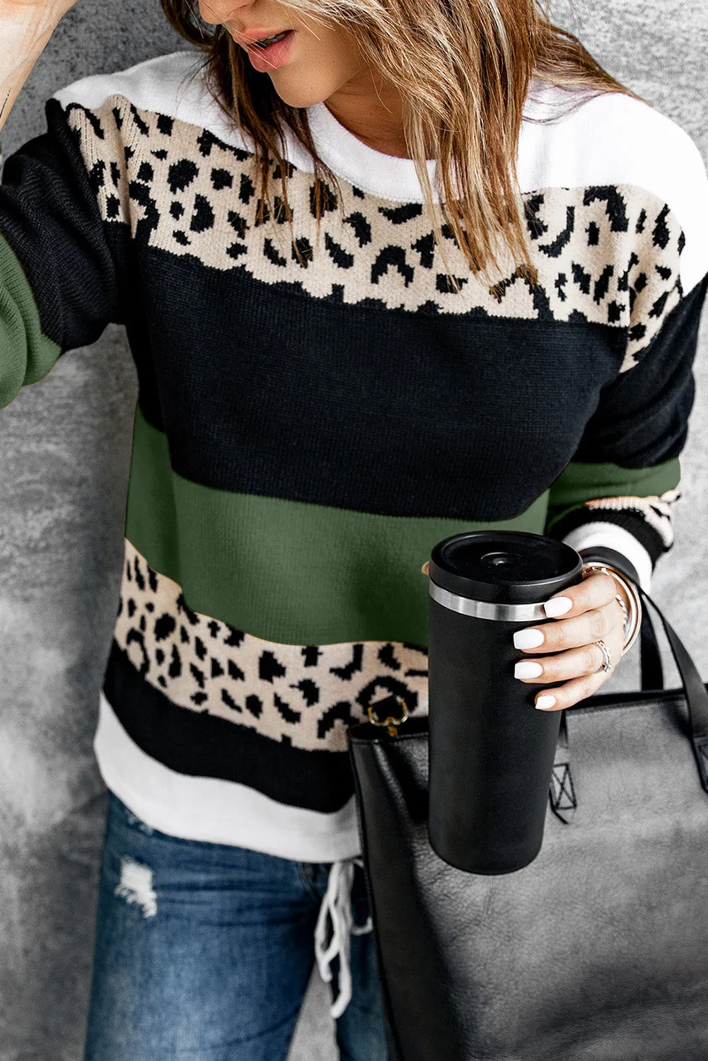 Crewneck Leopard Color Block Knit Pullover Sweater