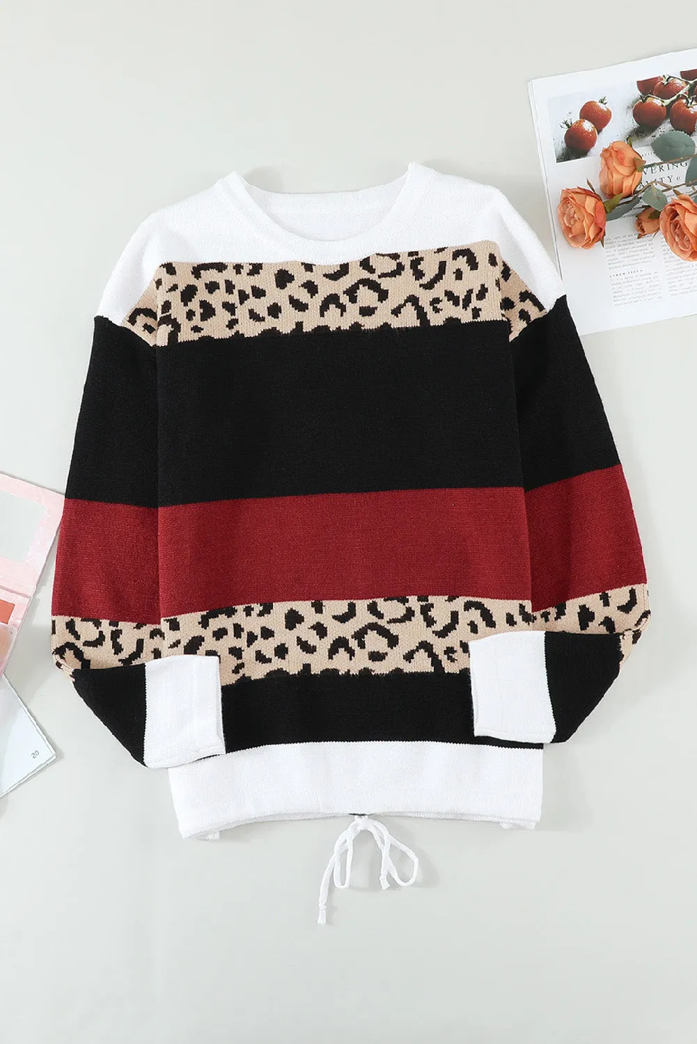 Crewneck Leopard Color Block Knit Pullover Sweater