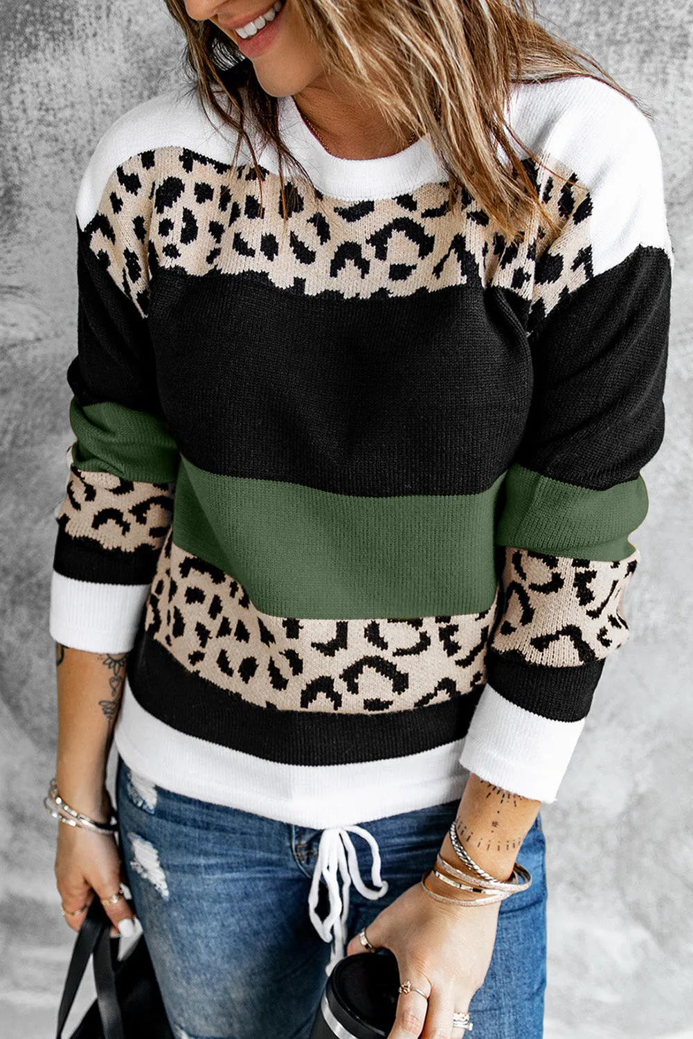 Crewneck Leopard Color Block Knit Pullover Sweater