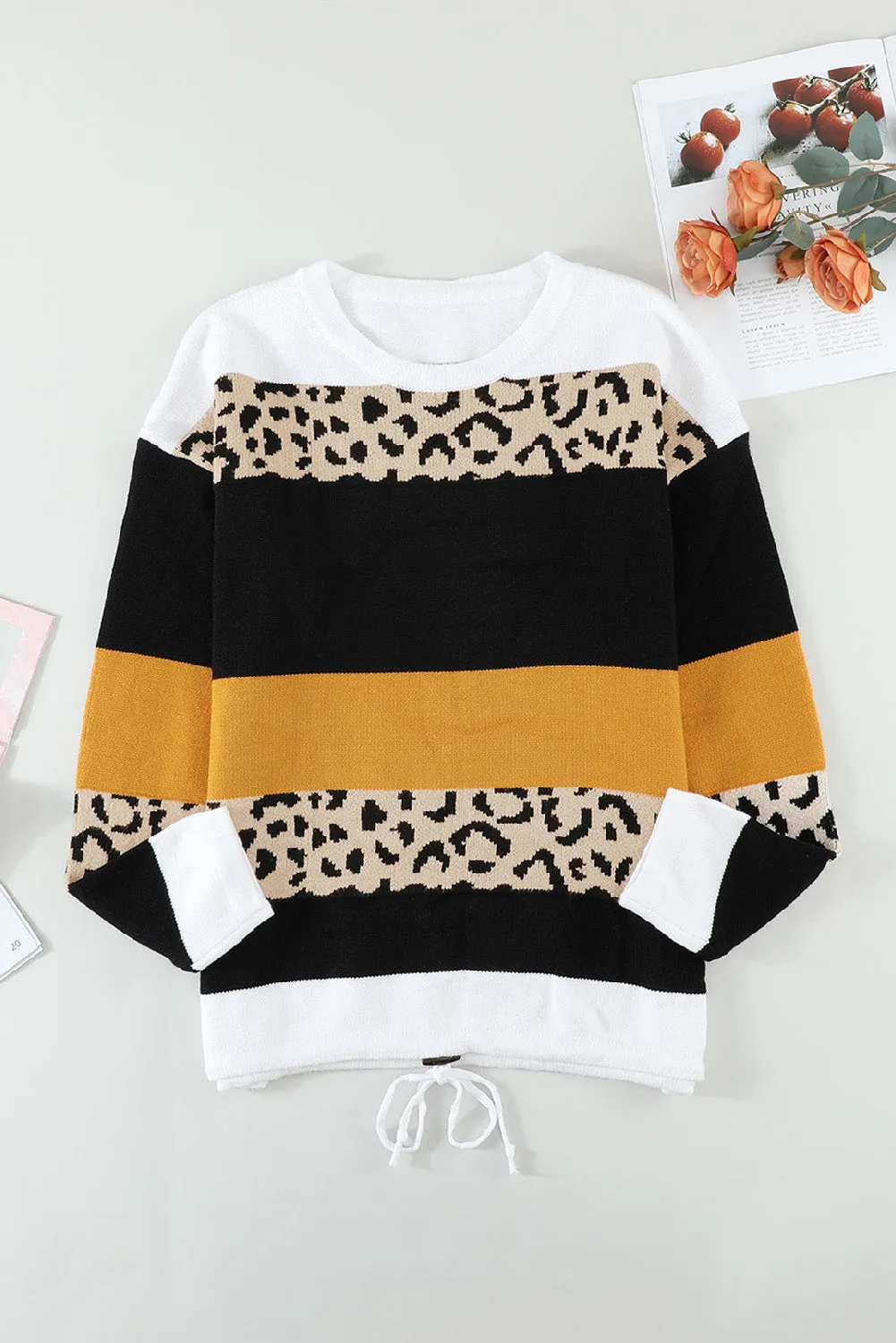 Crewneck Leopard Color Block Knit Pullover Sweater