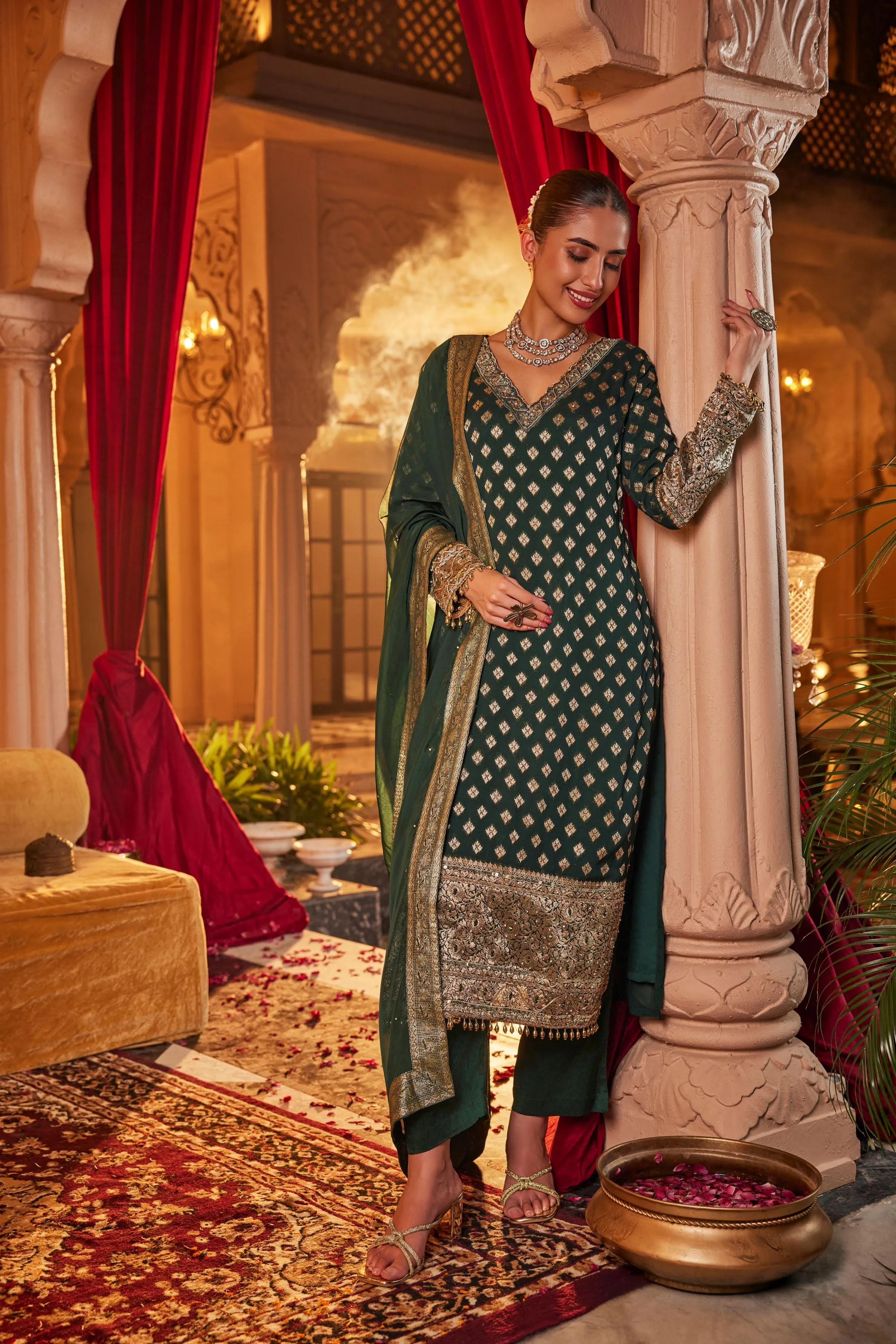 Deep Green Embellished Banarasi Organza Silk Pants Set