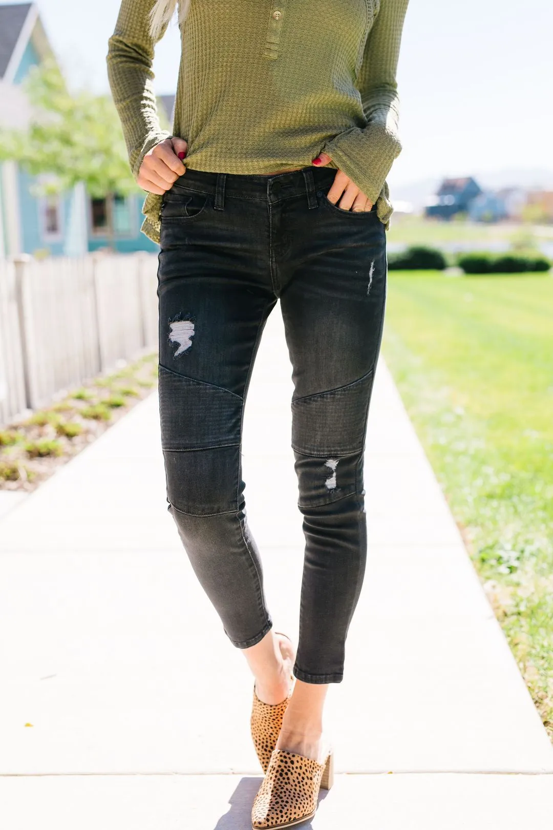 Distressed Dark Gray Modern Moto Jeans