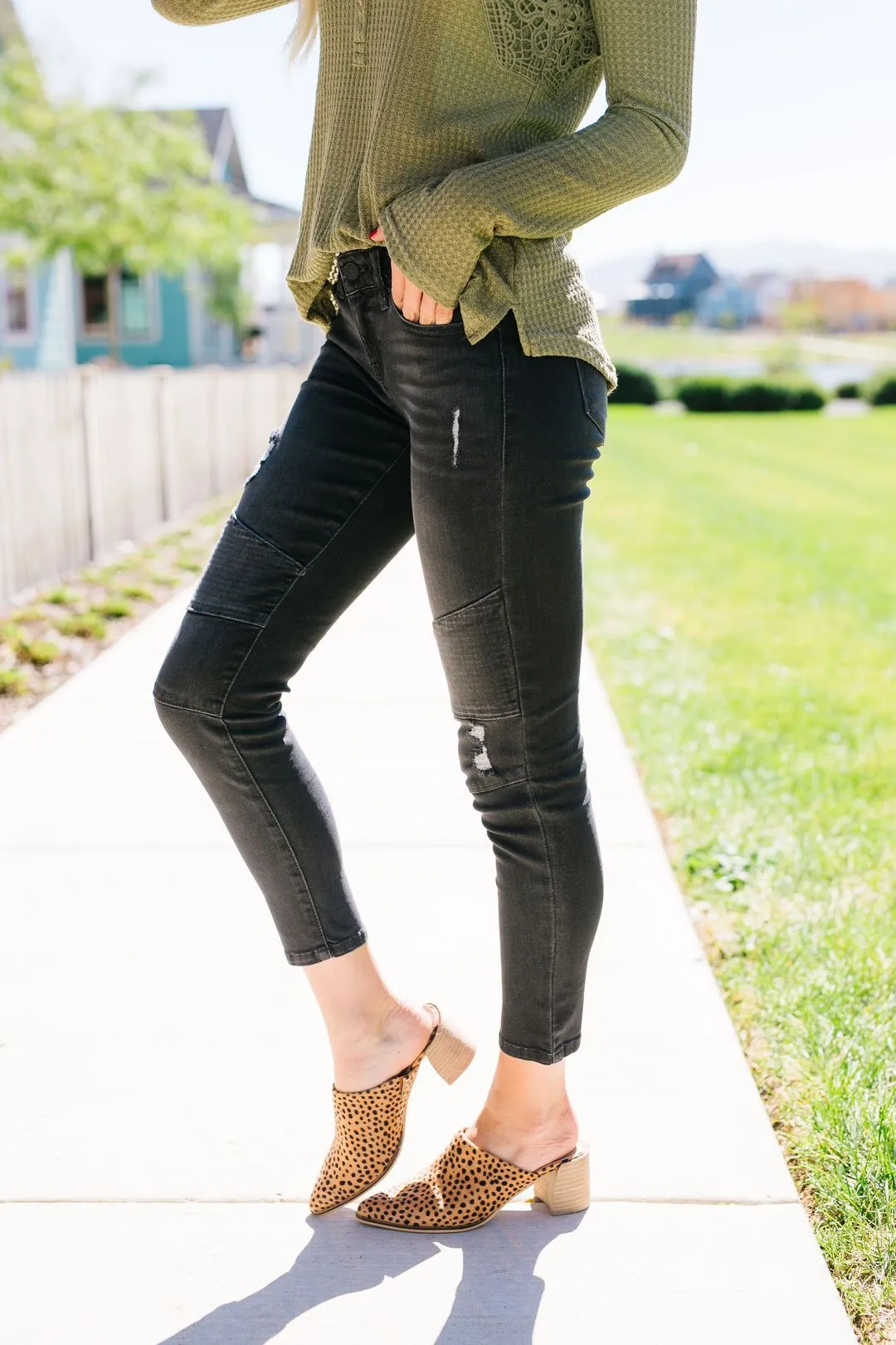 Distressed Dark Gray Modern Moto Jeans