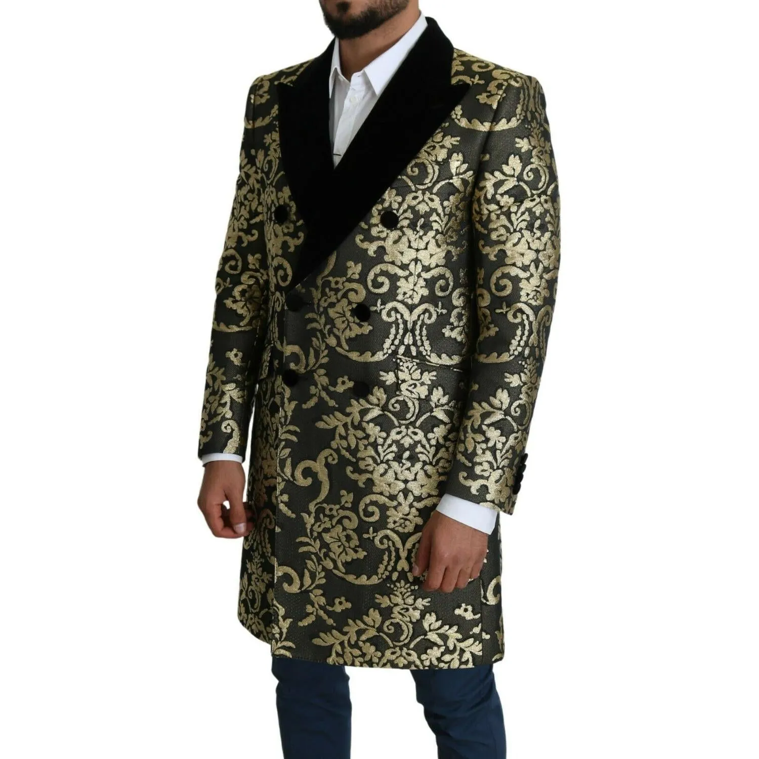 Dolce & Gabbana Gold Black Sicilia Jacquard Double-Breasted Coat