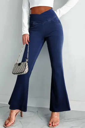 Dusk Blue Solid Crossed Waist High Elastic Fit Flare Jeans