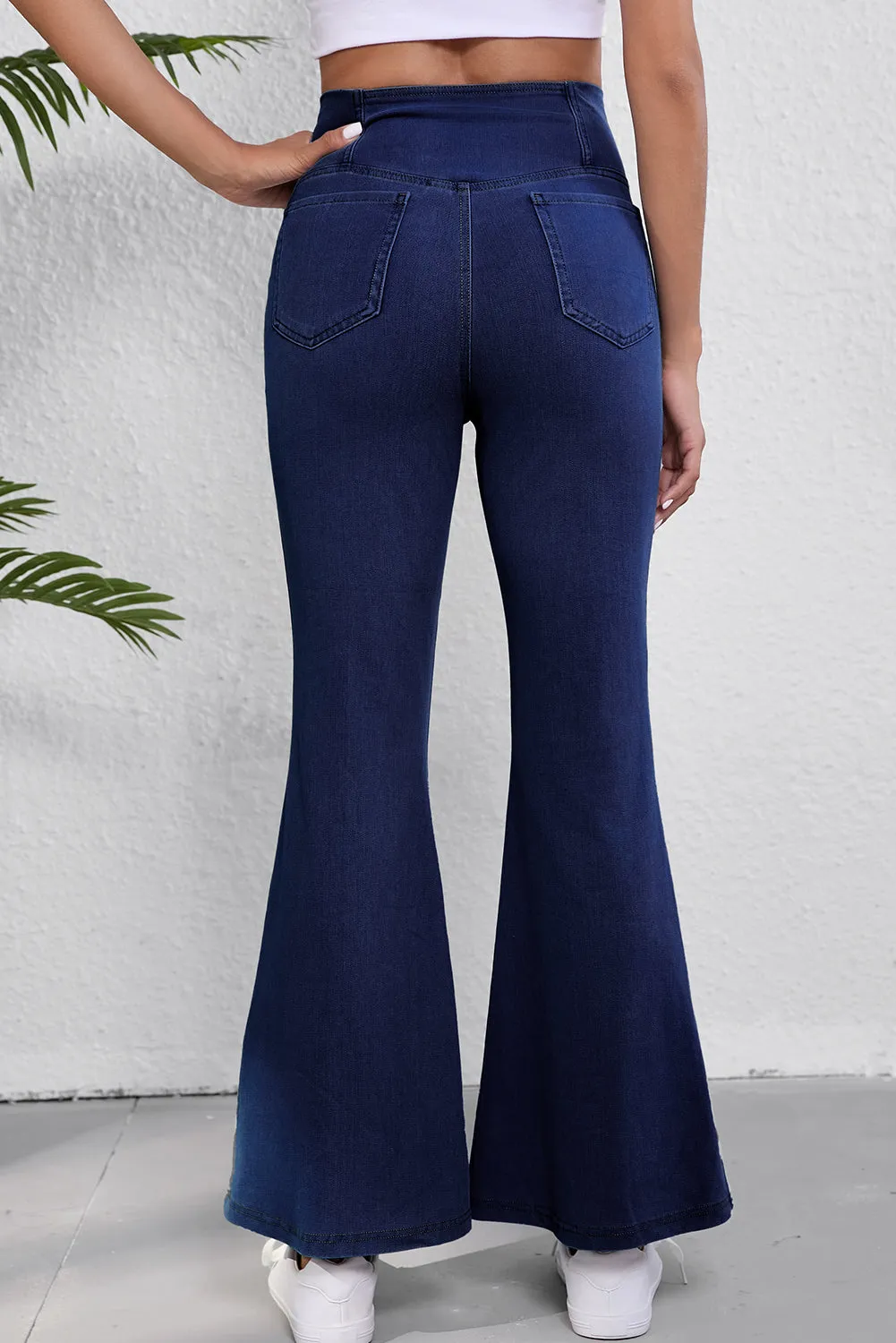 Dusk Blue Solid Crossed Waist High Elastic Fit Flare Jeans