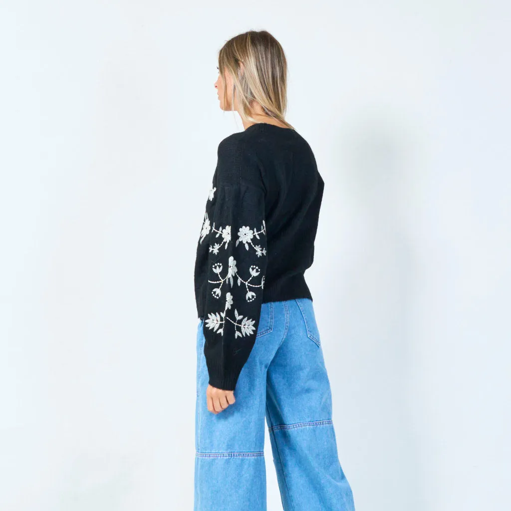 Embroidered floral knit sweater wholesale