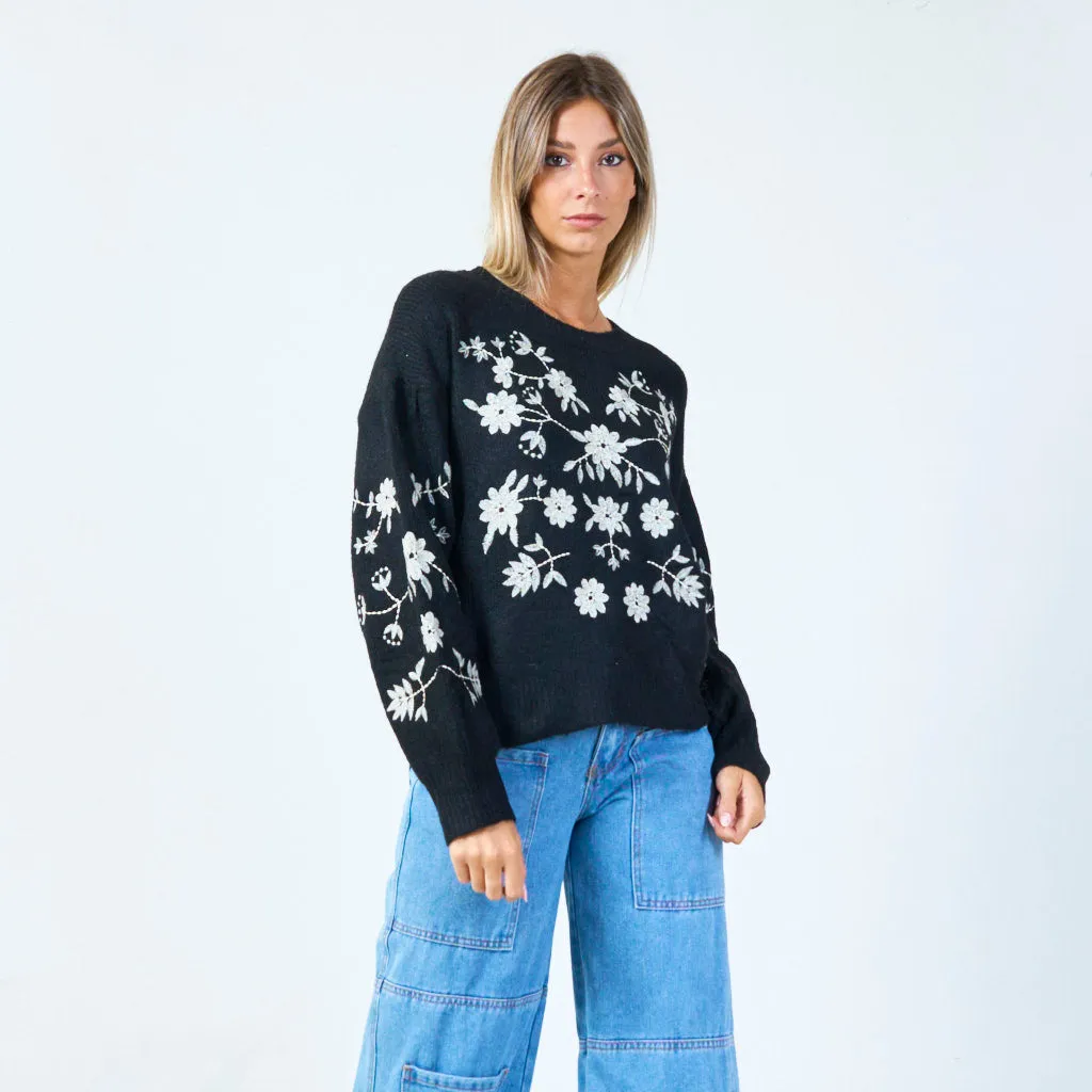 Embroidered floral knit sweater wholesale