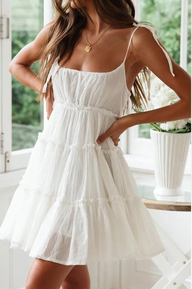 Flattering Tiered Ruffle Empire Waist Mini Summer Sundress - White