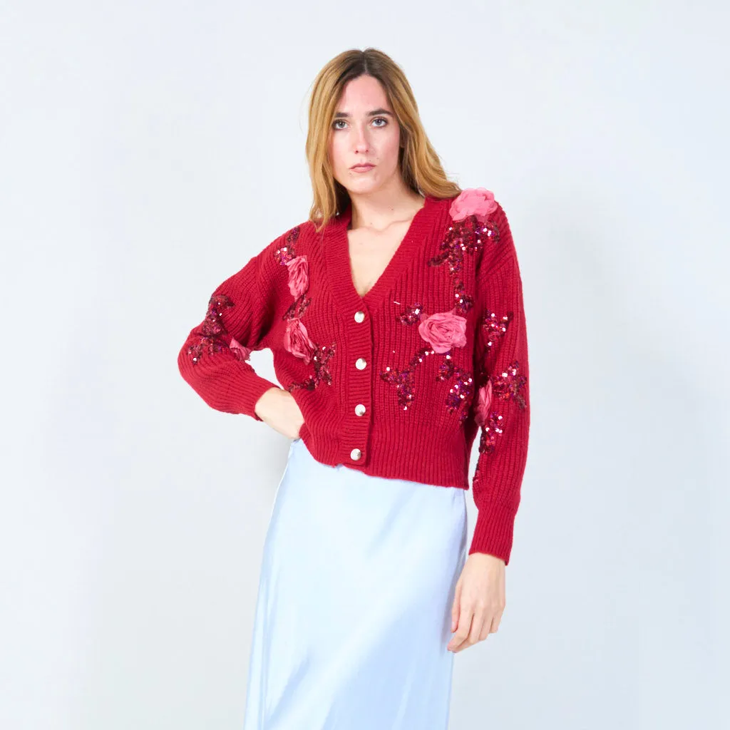 Floral applique sequin cardigan wholesale