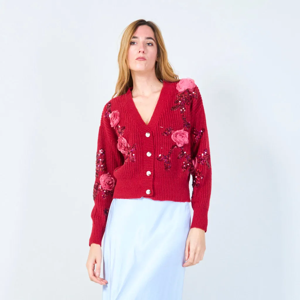 Floral applique sequin cardigan wholesale