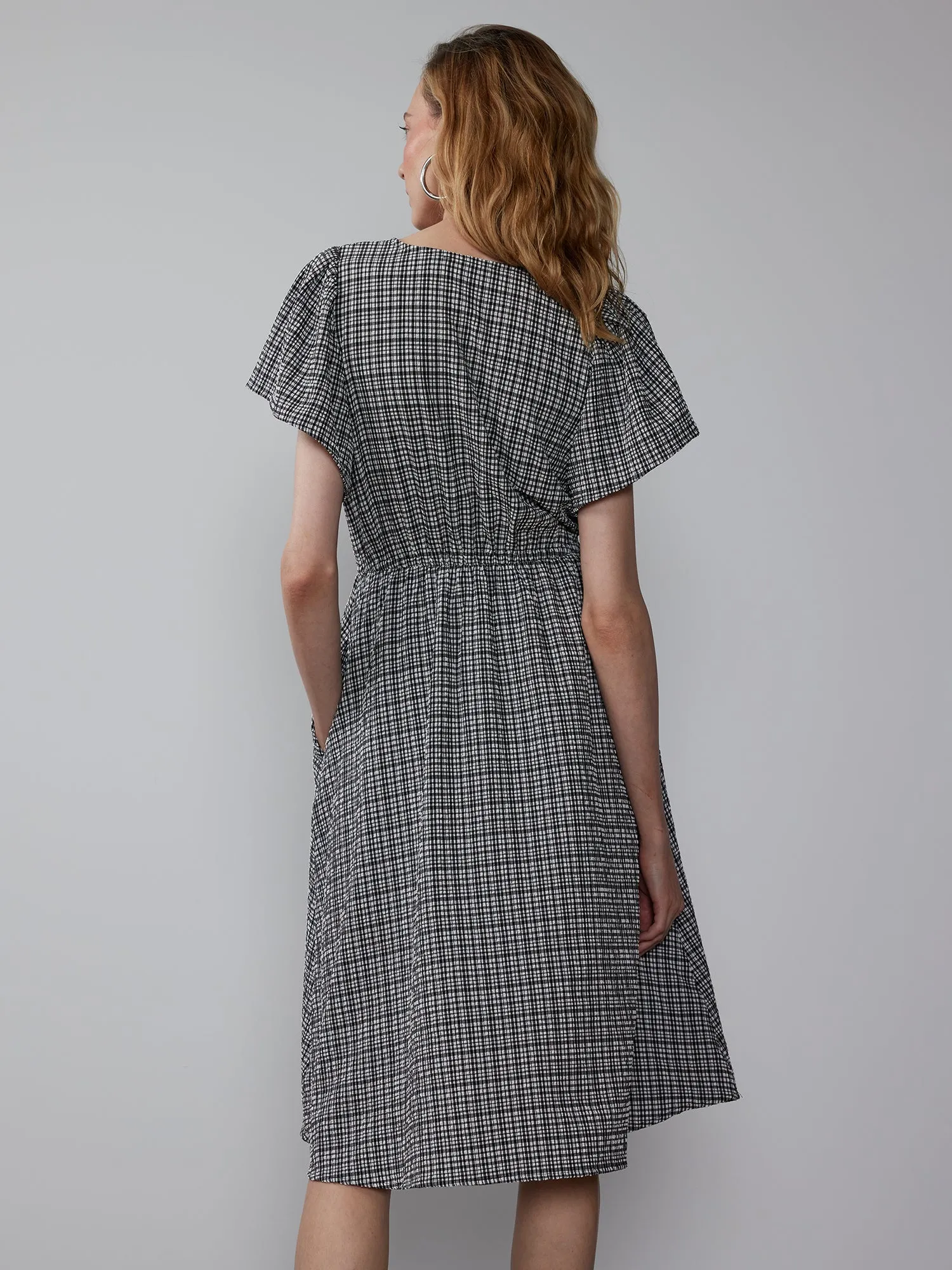 Flutter Sleeve Tiny Plaid Midi Dress