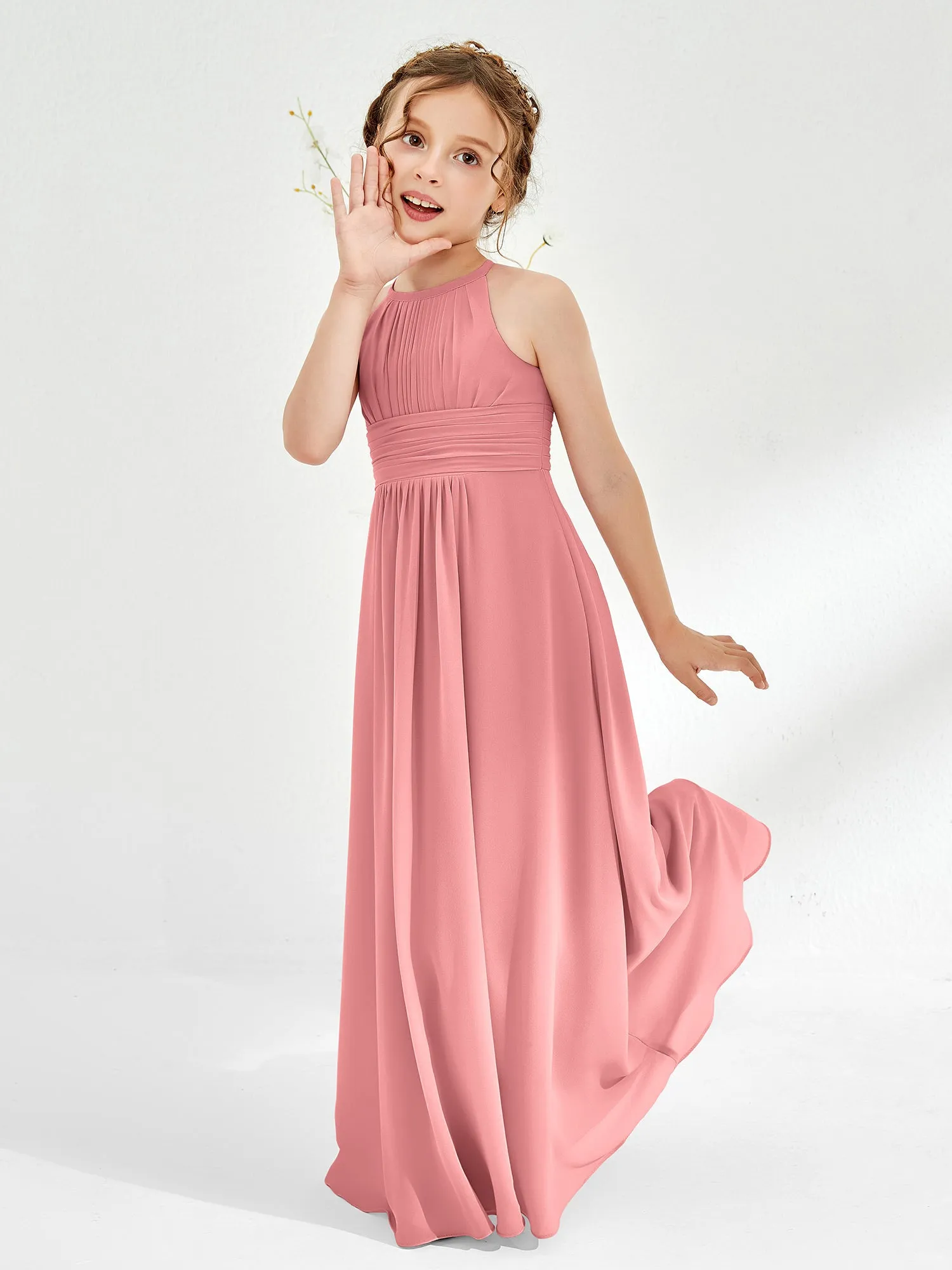 Halter Chiffon Junior Bridesmaid Dresses Flamingo