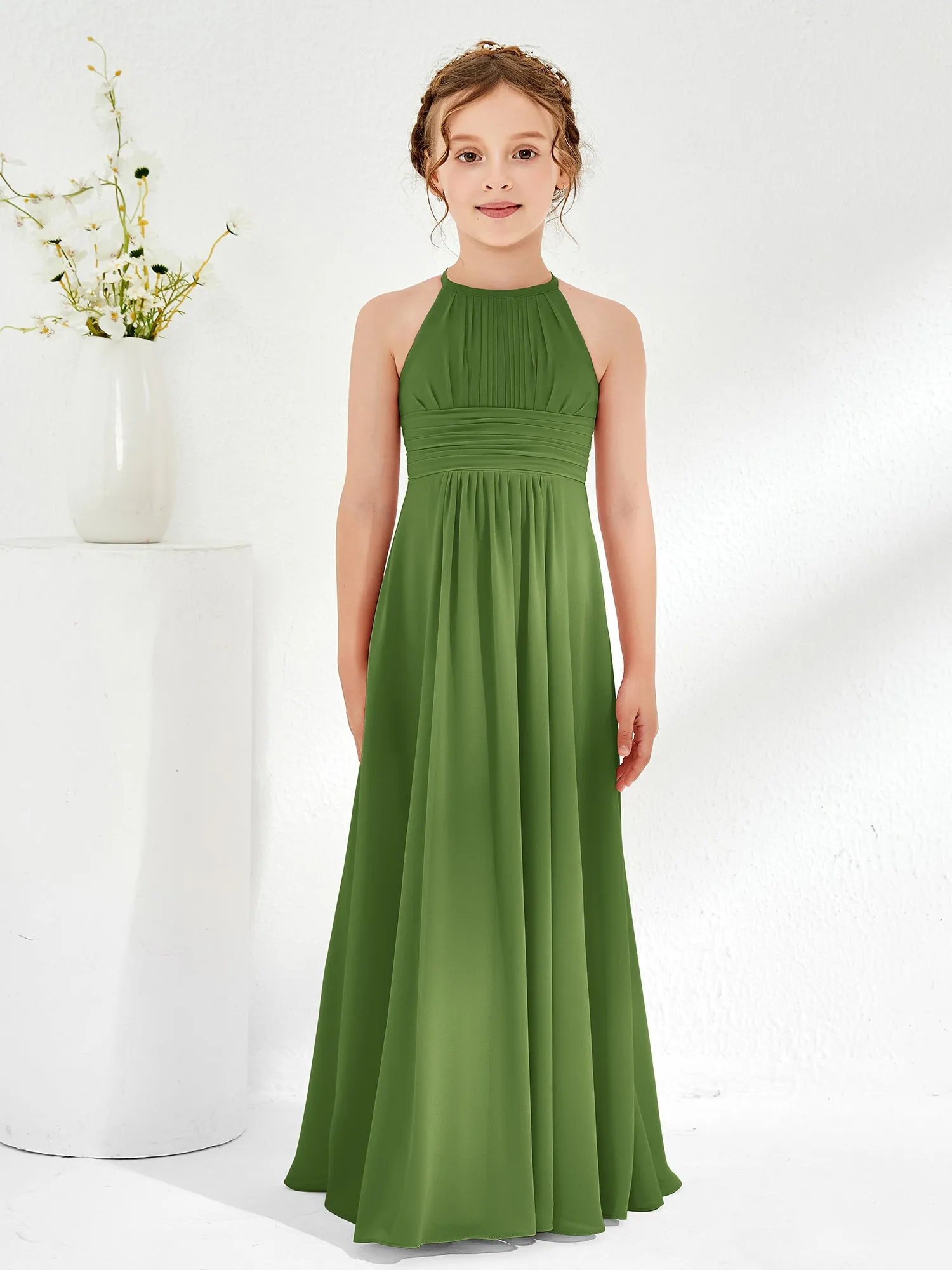 Halter Chiffon Junior Bridesmaid Dresses Moss