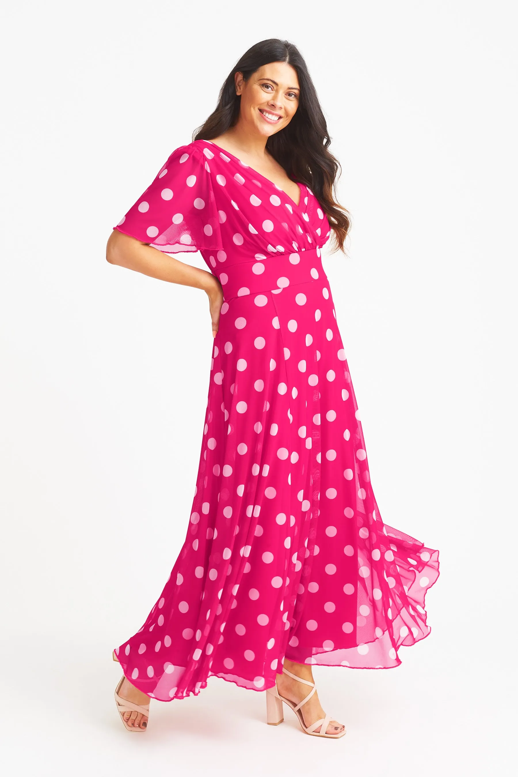 Isabelle Pink Lollidot Print Float Sleeve Maxi Dress