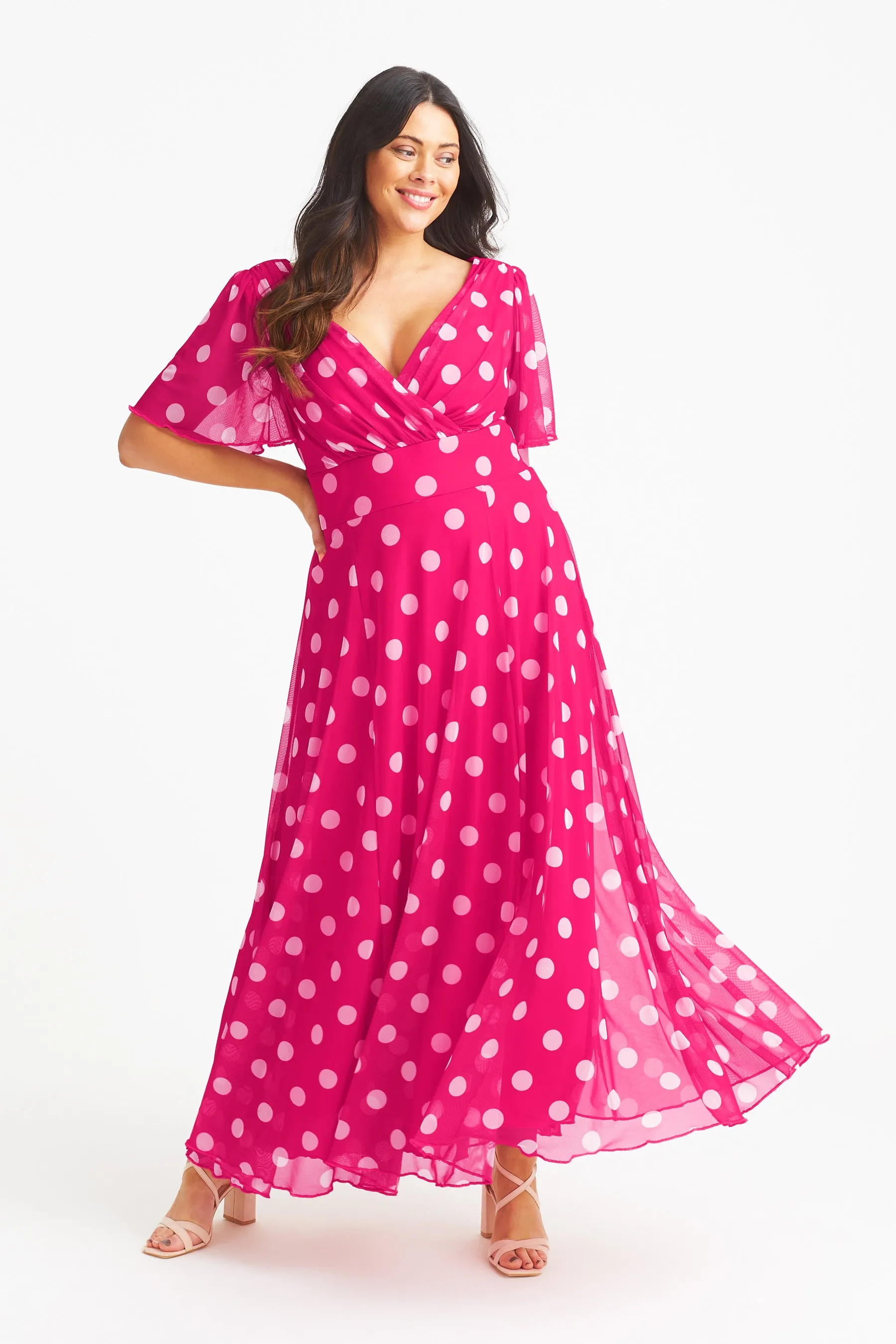 Isabelle Pink Lollidot Print Float Sleeve Maxi Dress