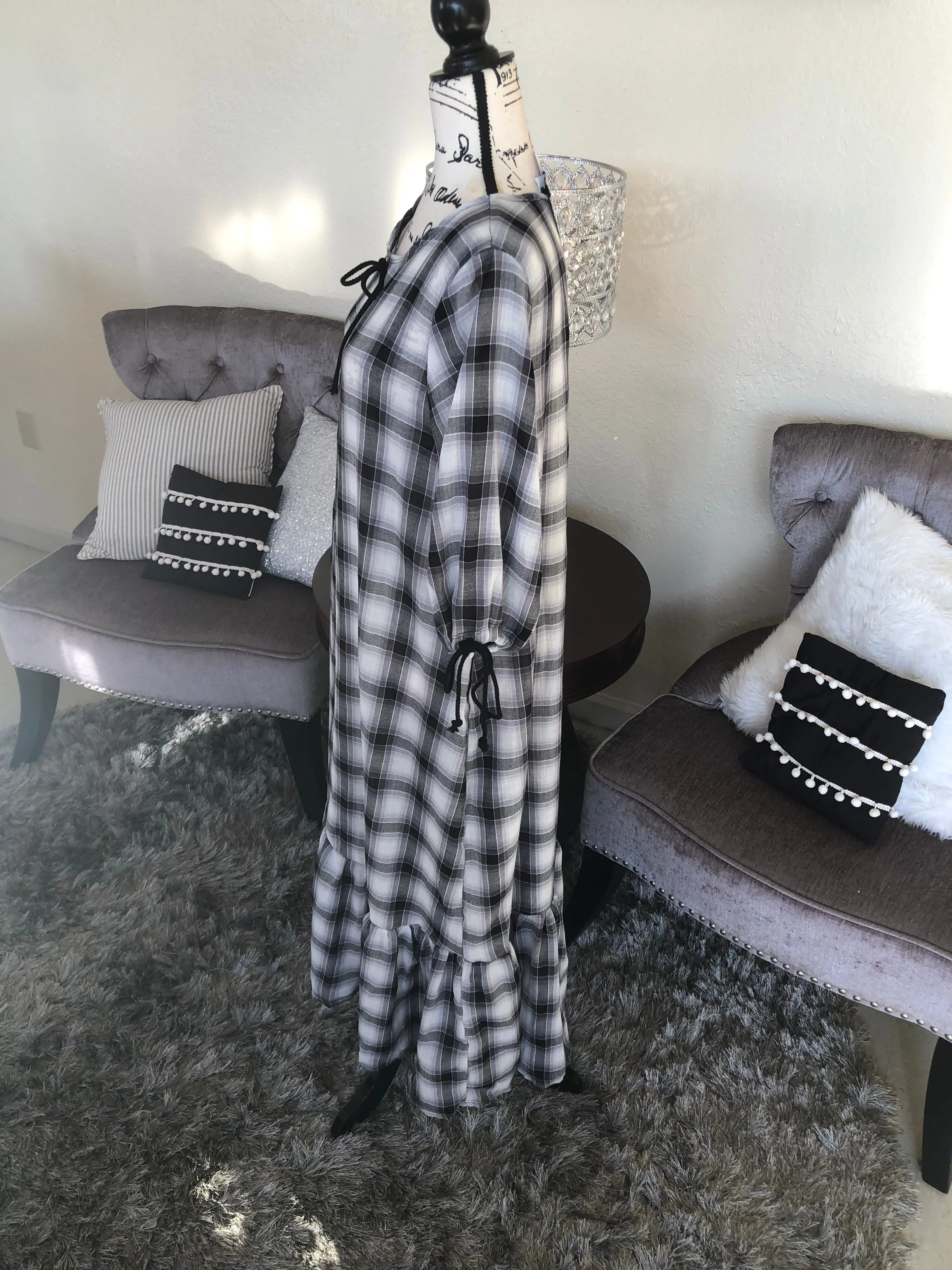 Jaidyn Black and White Check Ruffle Dress