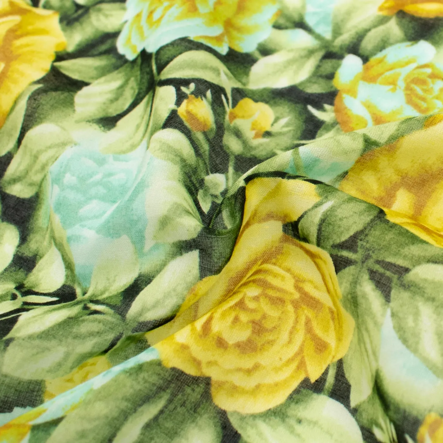 Japanese Pure Cotton Lawn Prints Design-199 Yellow Roses & Green Leaves