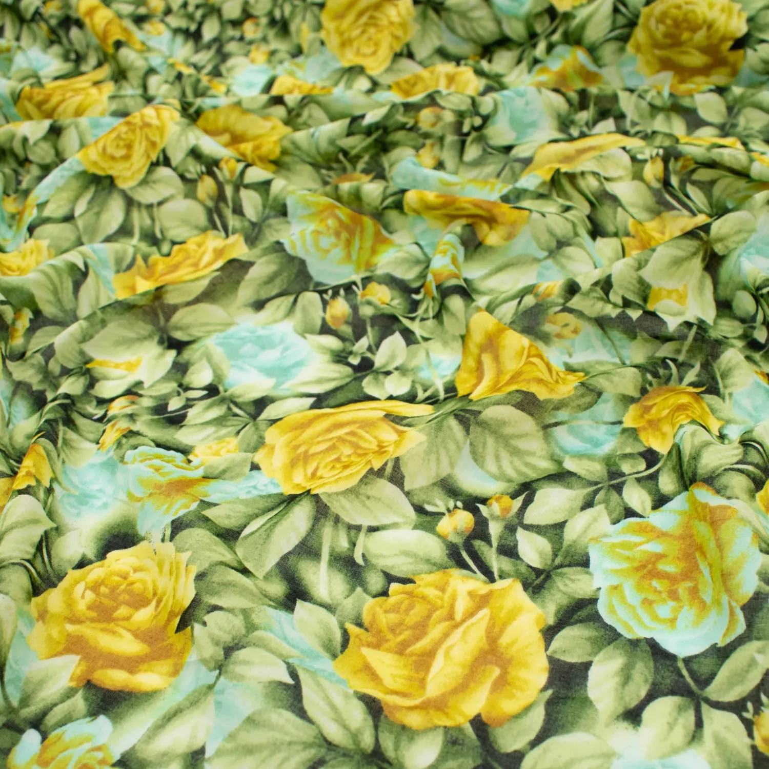 Japanese Pure Cotton Lawn Prints Design-199 Yellow Roses & Green Leaves