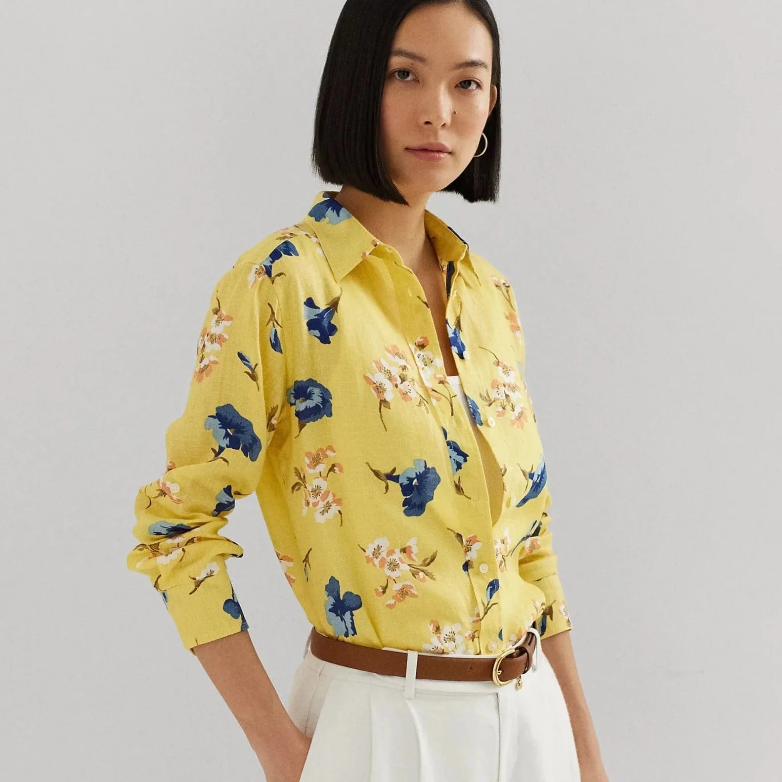 Lauren Ralph Lauren Relaxed Fit Floral Linen Shirt Yellow Multi